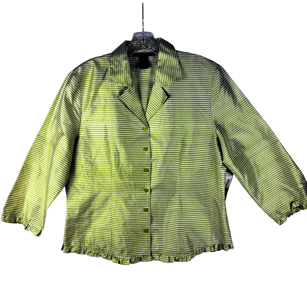 Silkland Women's Lime‎ Green White Striped 100% Silk Ruffle Trim Shirt Large NWT